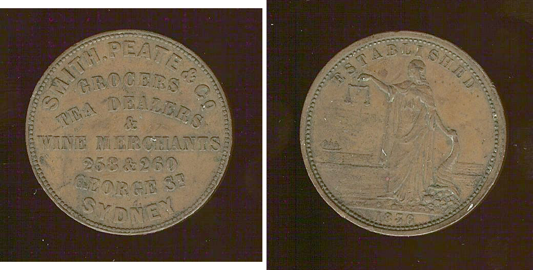 Australian token Smith Peate and Co Sydney penny 1856 EF